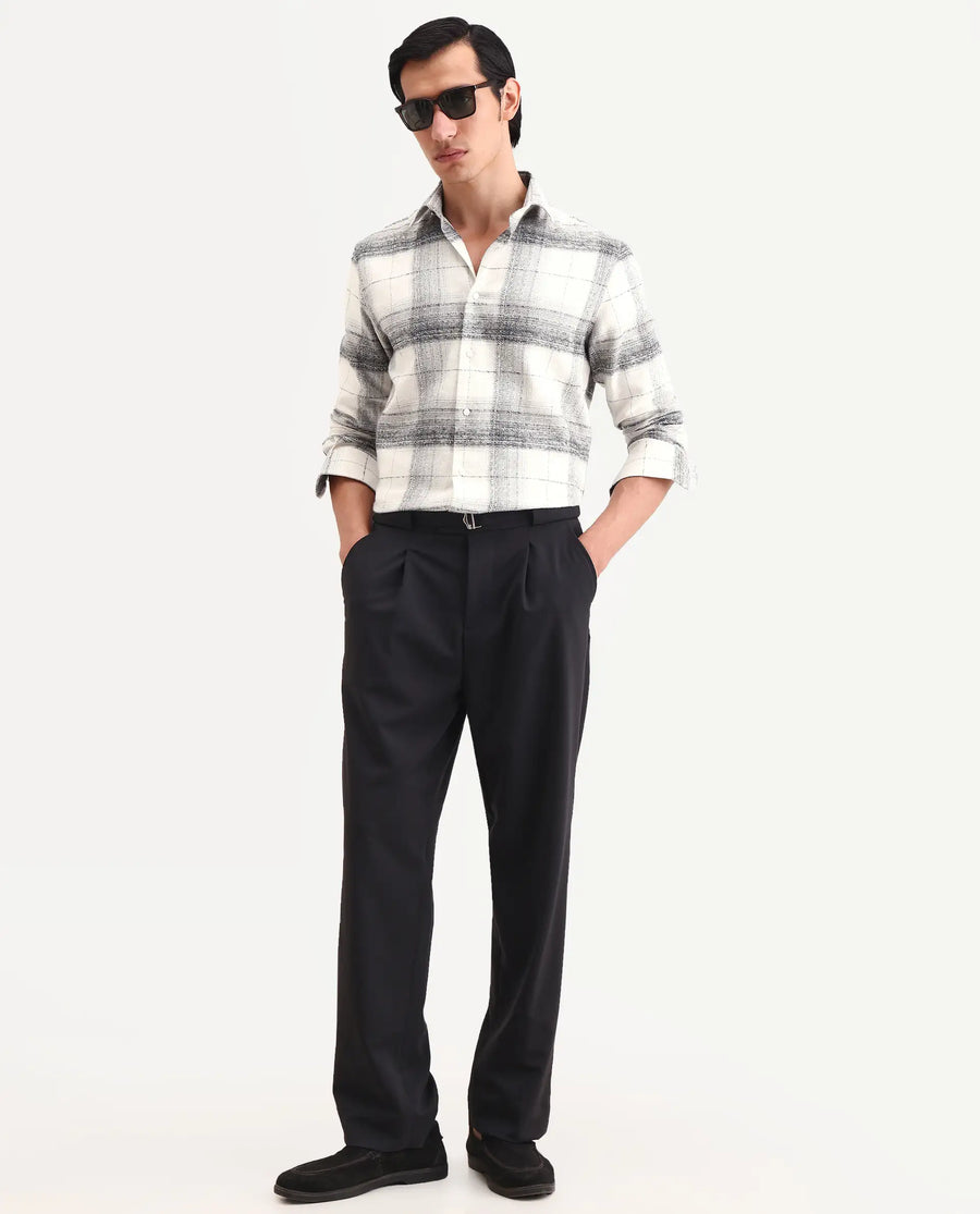 Rare Rabbit Men's Mojelle Off White Cotton Blend Fabric Full Sleeve Spread Collar Regular Fit Checked Shirt