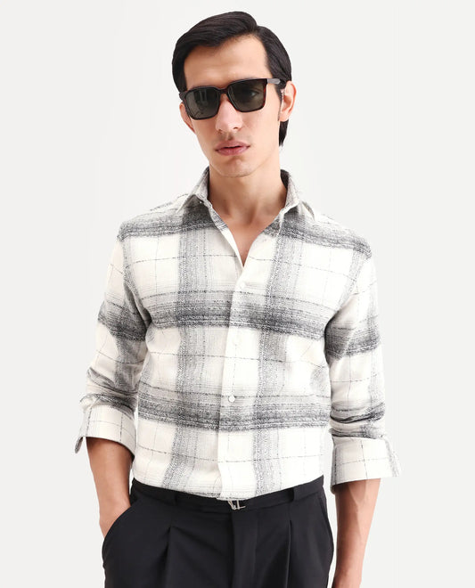 Rare Rabbit Men's Mojelle Off White Cotton Blend Fabric Full Sleeve Spread Collar Regular Fit Checked Shirt