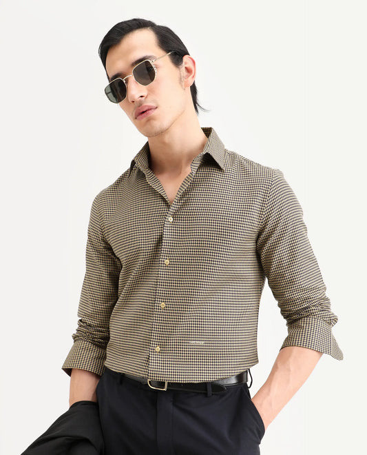 Rare Rabbit Men's Ghesto Light Beige Cotton Fabric Full Sleeve Spread Collar Regular Fit Checked Shirt