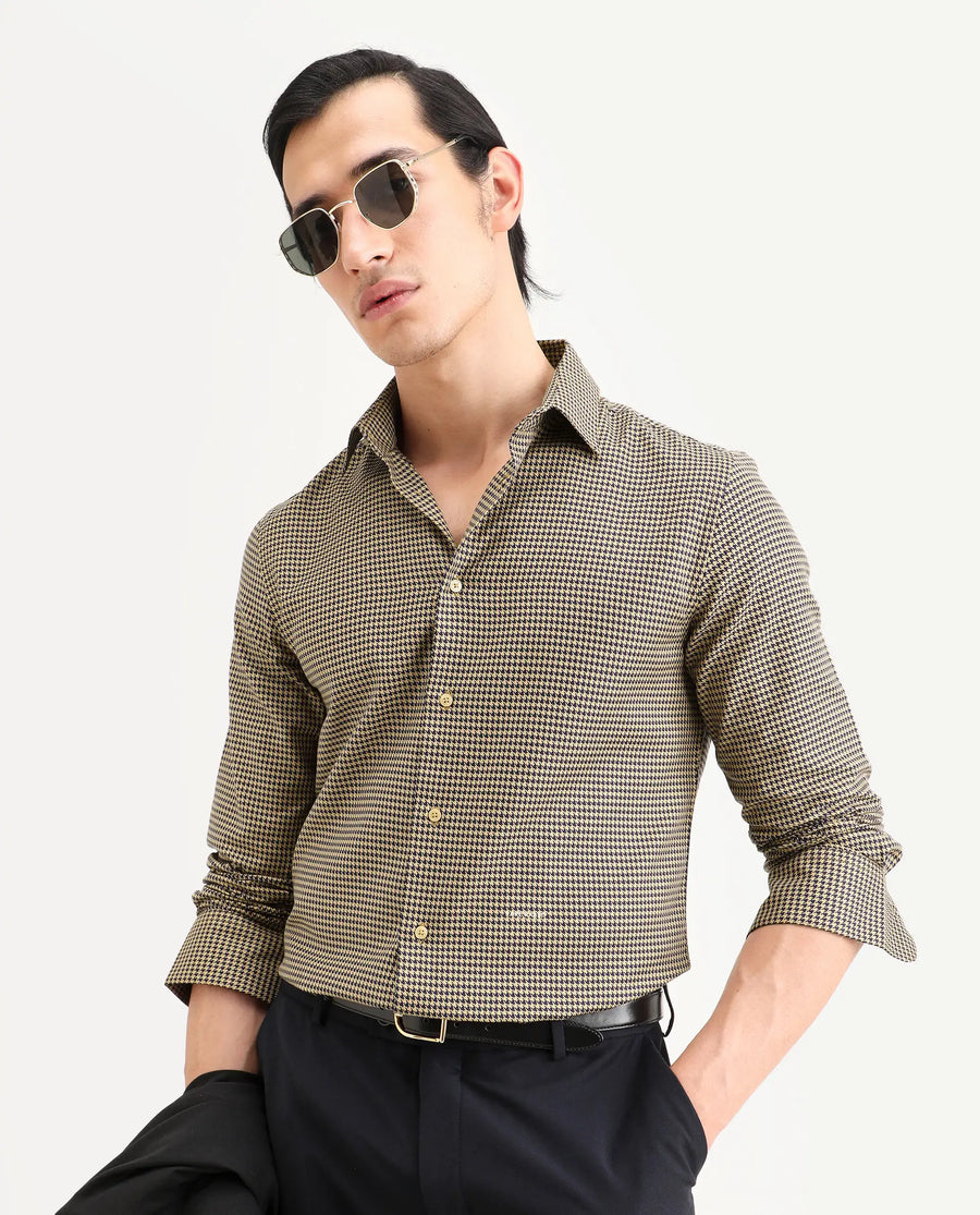 Rare Rabbit Men's Ghesto Light Beige Cotton Fabric Full Sleeve Spread Collar Regular Fit Checked Shirt