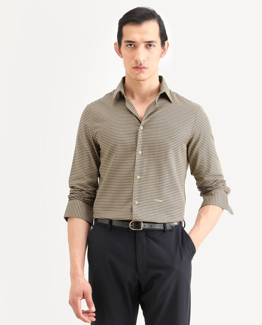 Rare Rabbit Men's Ghesto Light Beige Cotton Fabric Full Sleeve Spread Collar Regular Fit Checked Shirt