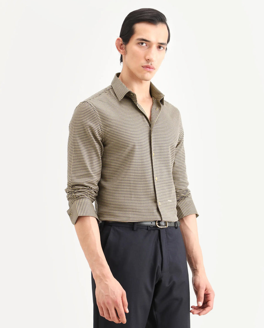 Rare Rabbit Men's Ghesto Light Beige Cotton Fabric Full Sleeve Spread Collar Regular Fit Checked Shirt