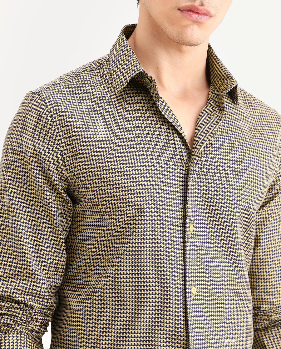 Rare Rabbit Men's Ghesto Light Beige Cotton Fabric Full Sleeve Spread Collar Regular Fit Checked Shirt