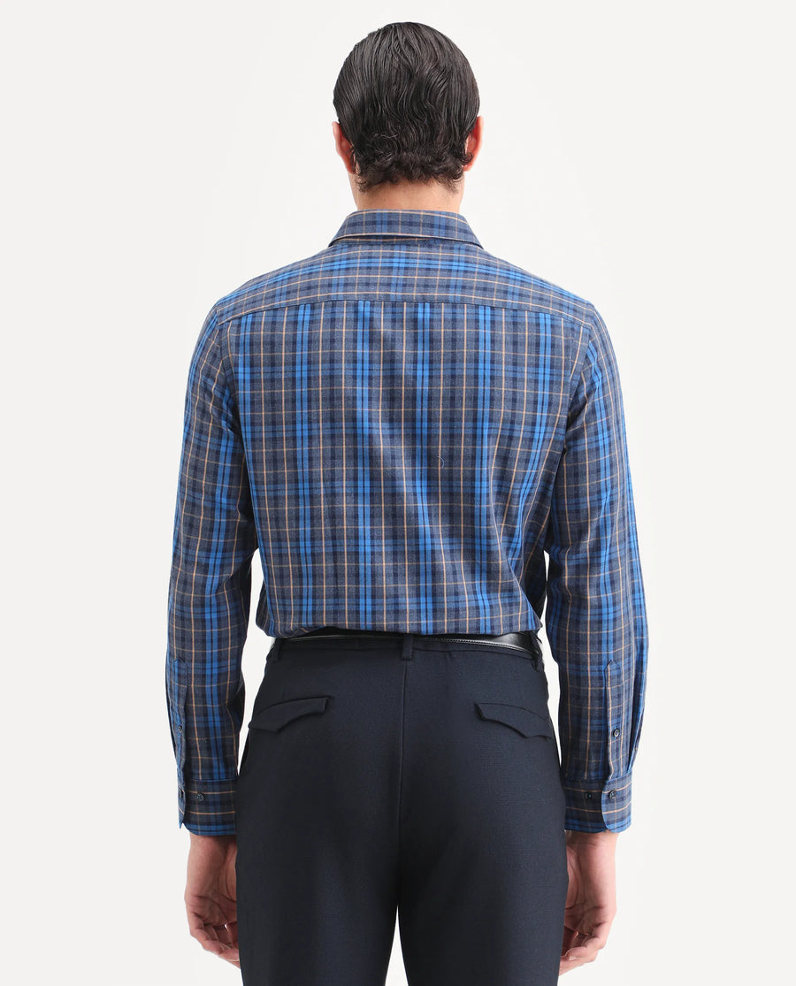Rare Rabbit Men's Aaxel Dark Blue Cotton Blend Fabric Full Sleeve Spread Collar Regular Fit Checked Shirt