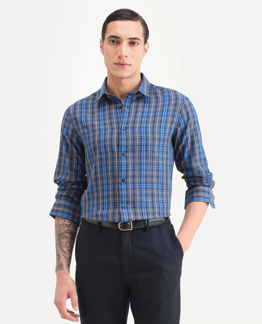 Rare Rabbit Men's Aaxel Dark Blue Cotton Blend Fabric Full Sleeve Spread Collar Regular Fit Checked Shirt