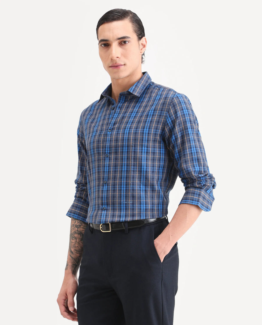 Rare Rabbit Men's Aaxel Dark Blue Cotton Blend Fabric Full Sleeve Spread Collar Regular Fit Checked Shirt