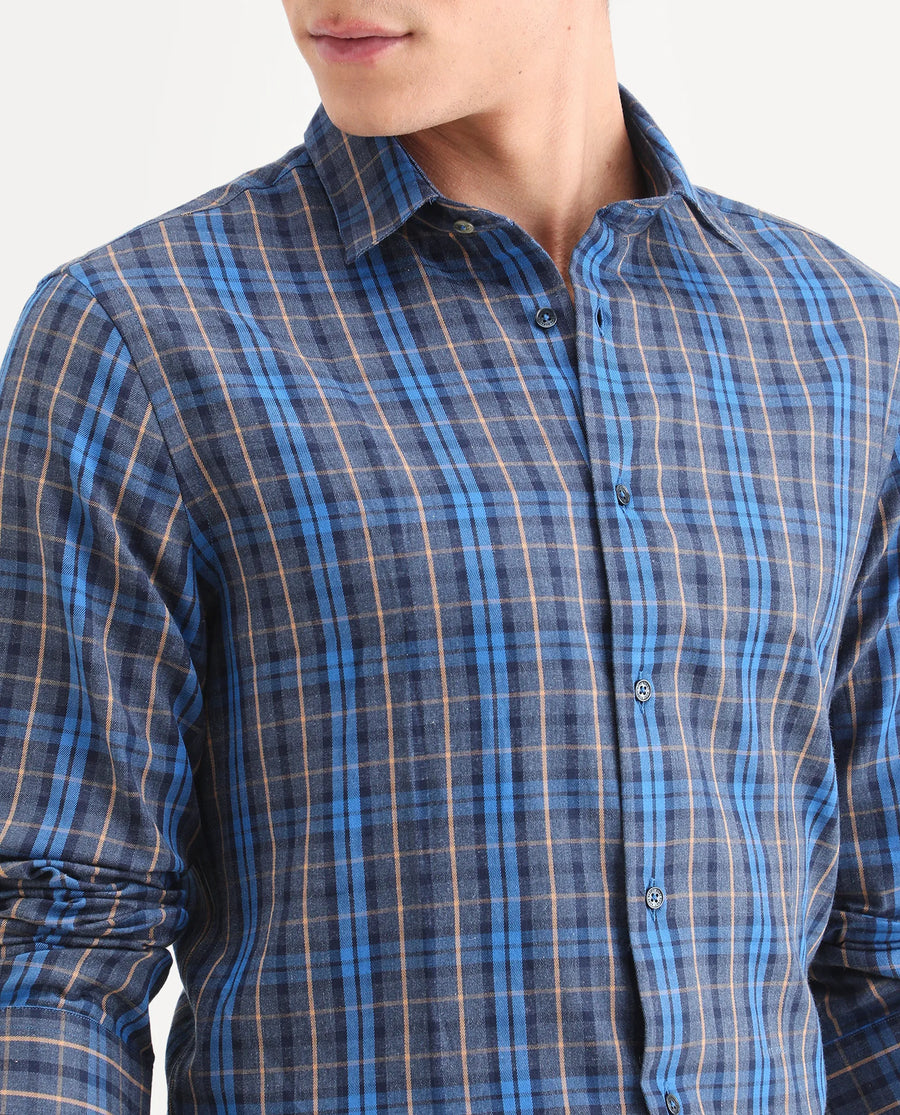 Rare Rabbit Men's Aaxel Dark Blue Cotton Blend Fabric Full Sleeve Spread Collar Regular Fit Checked Shirt