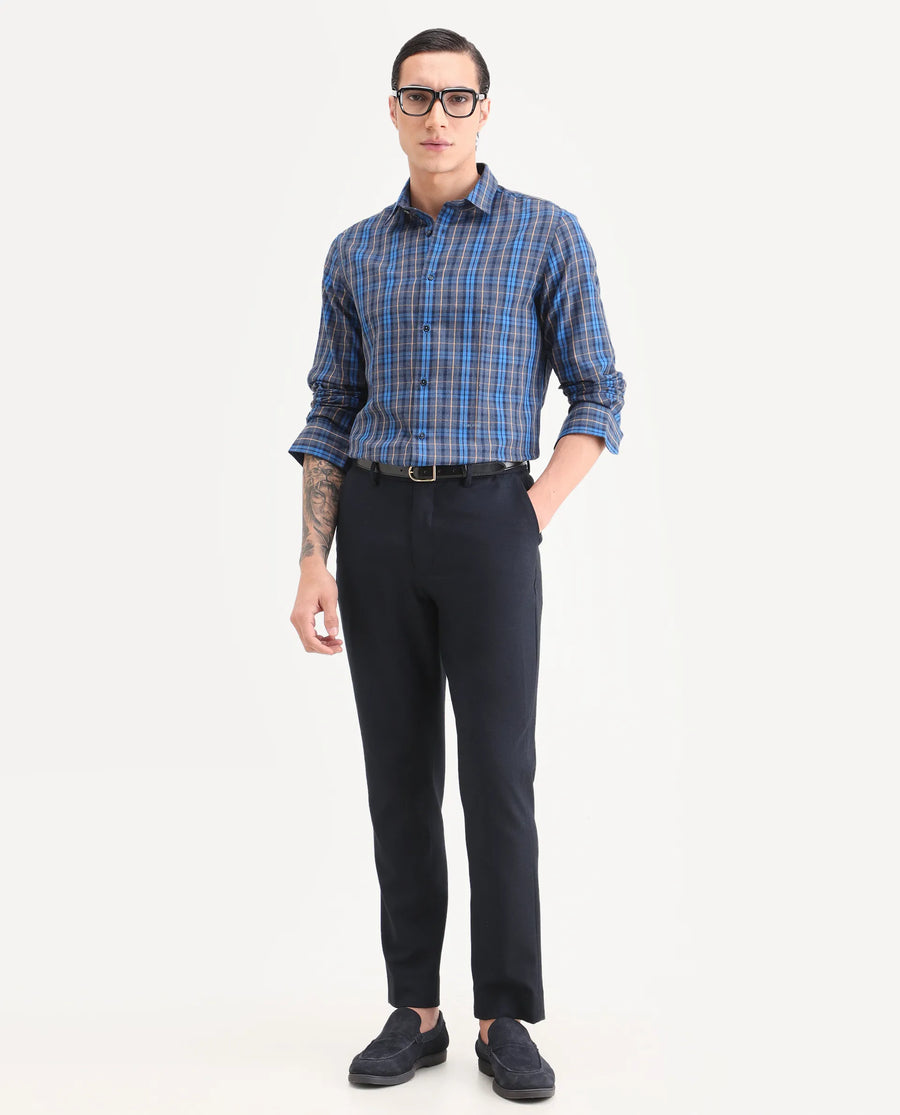 Rare Rabbit Men's Aaxel Dark Blue Cotton Blend Fabric Full Sleeve Spread Collar Regular Fit Checked Shirt