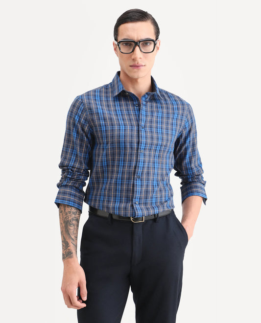Rare Rabbit Men's Aaxel Dark Blue Cotton Blend Fabric Full Sleeve Spread Collar Regular Fit Checked Shirt