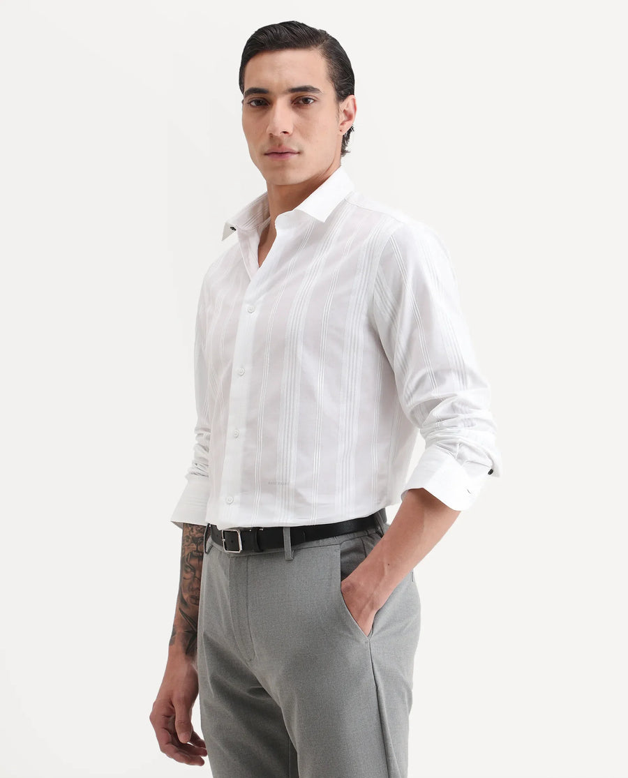 Rare Rabbit Men's Dobbler White Cotton Fabric Full Sleeve Spread Collar Regular Fit Striped Shirt
