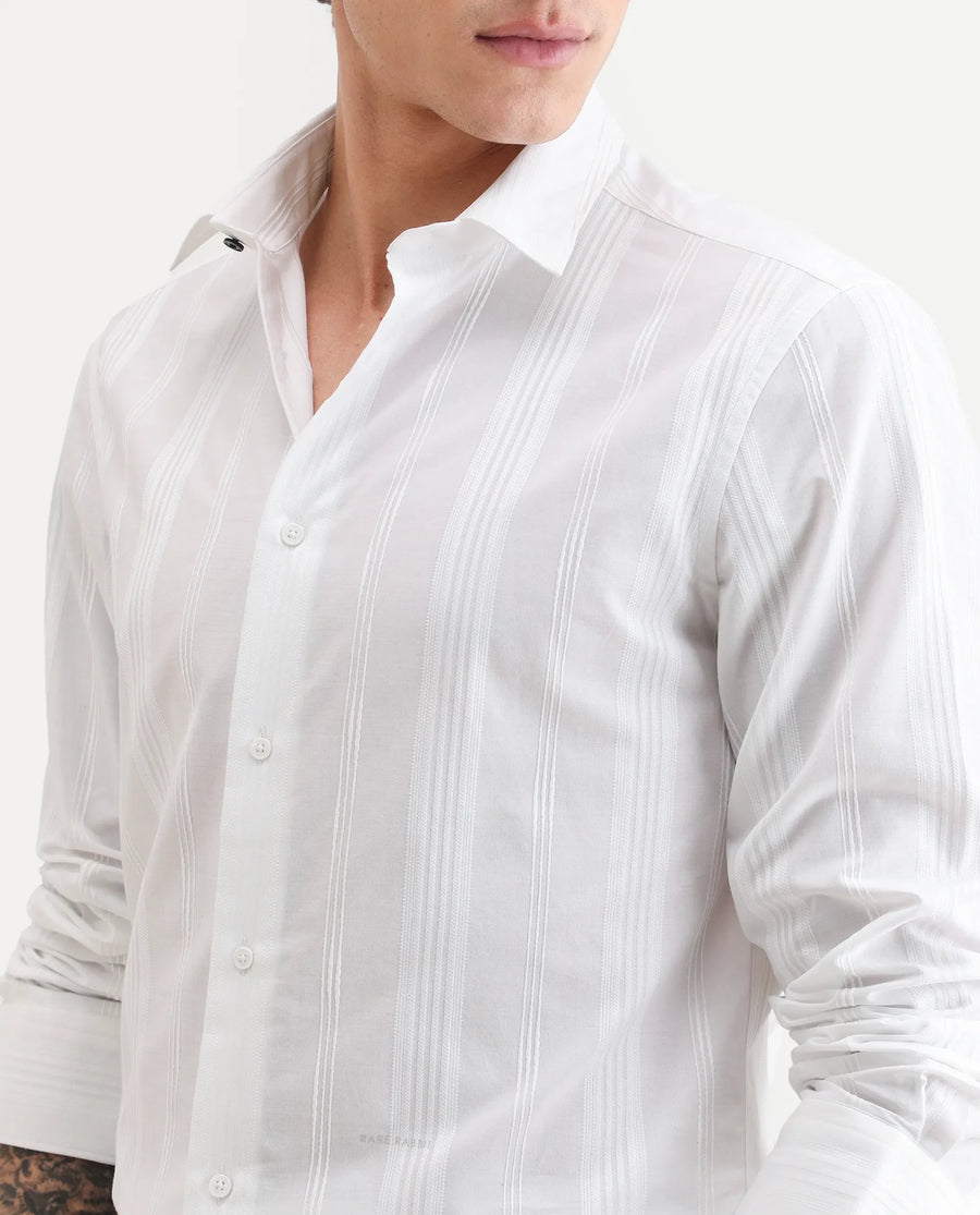 Rare Rabbit Men's Dobbler White Cotton Fabric Full Sleeve Spread Collar Regular Fit Striped Shirt