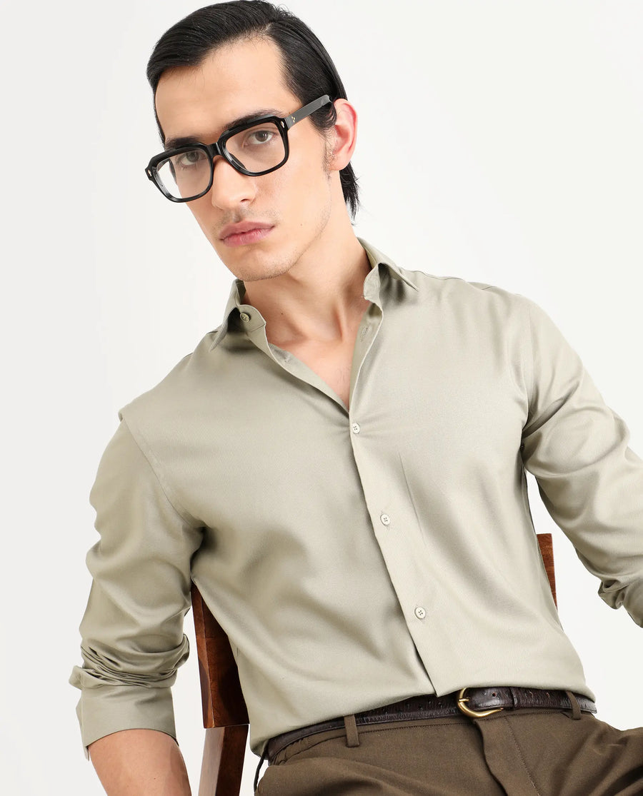 Rare Rabbit Men's Essonn Khaki Cotton Blend Fabric Full Sleeve Spread Collar Regular Fit Plain Shirt