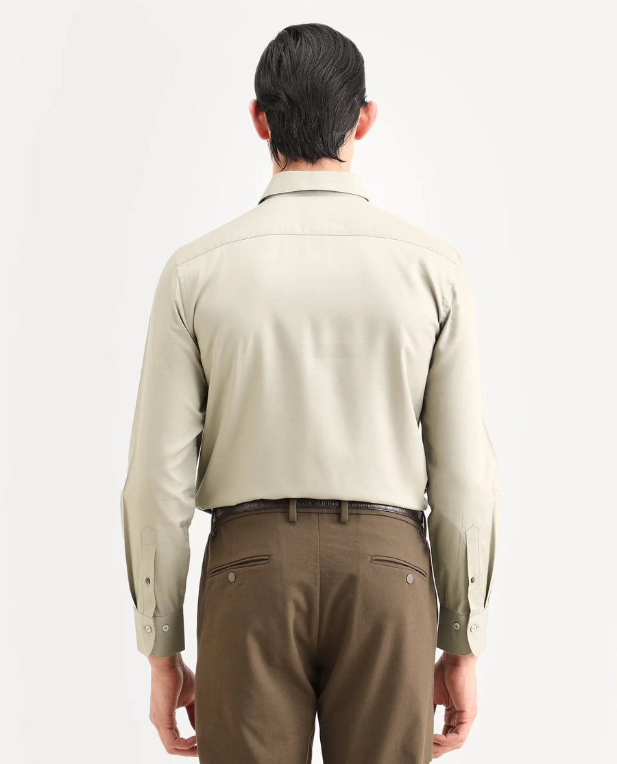 Rare Rabbit Men's Essonn Khaki Cotton Blend Fabric Full Sleeve Spread Collar Regular Fit Plain Shirt