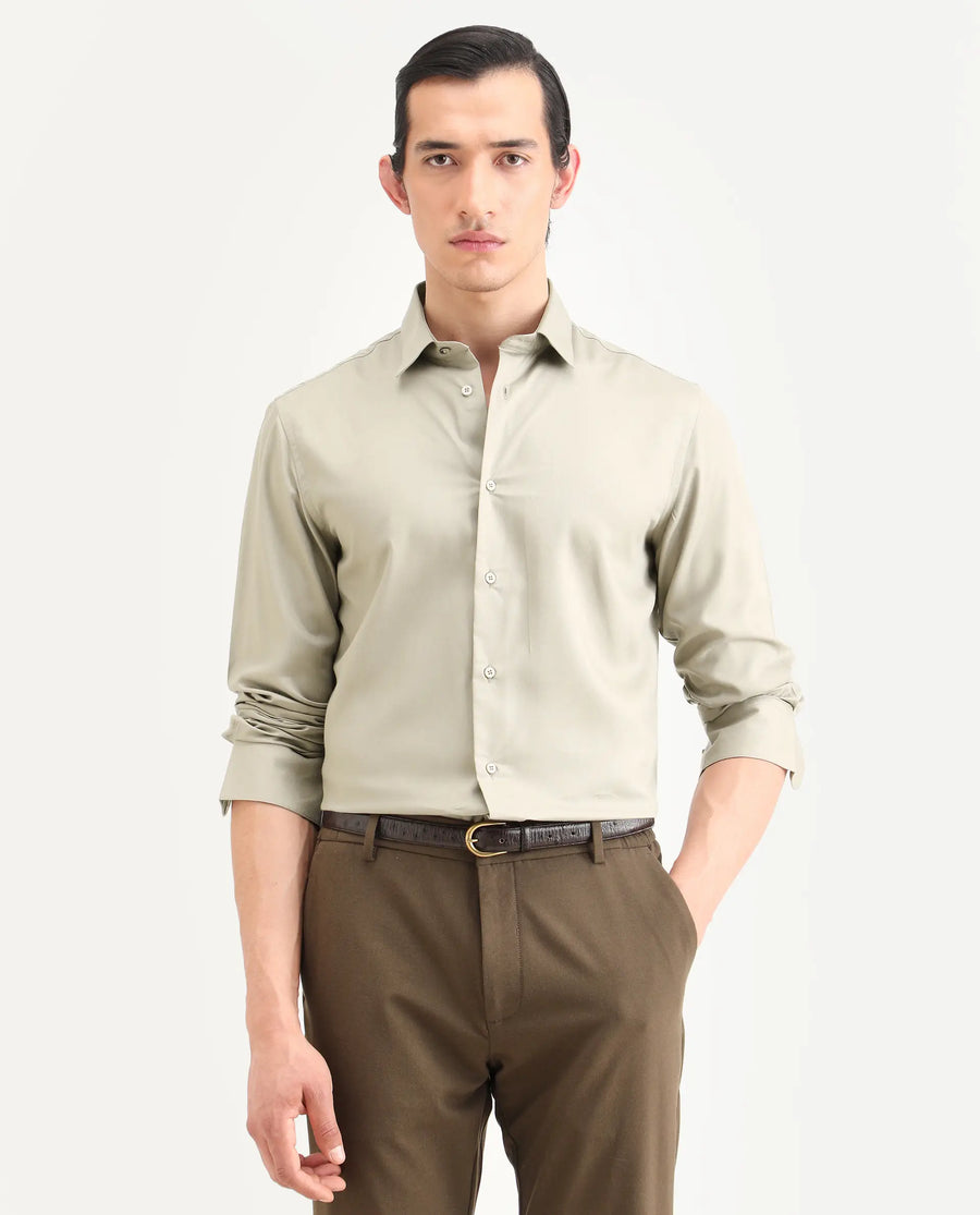 Rare Rabbit Men's Essonn Khaki Cotton Blend Fabric Full Sleeve Spread Collar Regular Fit Plain Shirt