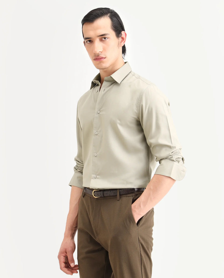 Rare Rabbit Men's Essonn Khaki Cotton Blend Fabric Full Sleeve Spread Collar Regular Fit Plain Shirt