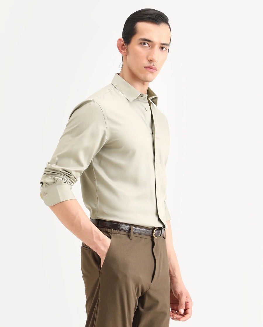 Rare Rabbit Men's Essonn Khaki Cotton Blend Fabric Full Sleeve Spread Collar Regular Fit Plain Shirt