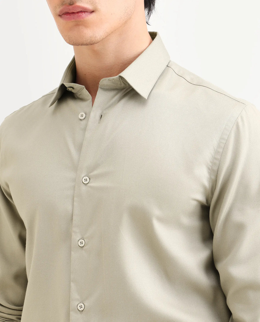 Rare Rabbit Men's Essonn Khaki Cotton Blend Fabric Full Sleeve Spread Collar Regular Fit Plain Shirt