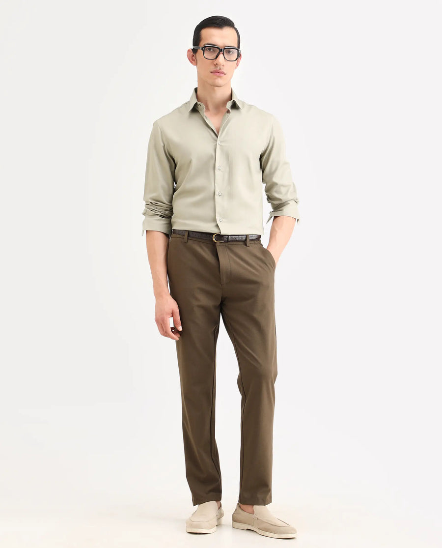 Rare Rabbit Men's Essonn Khaki Cotton Blend Fabric Full Sleeve Spread Collar Regular Fit Plain Shirt
