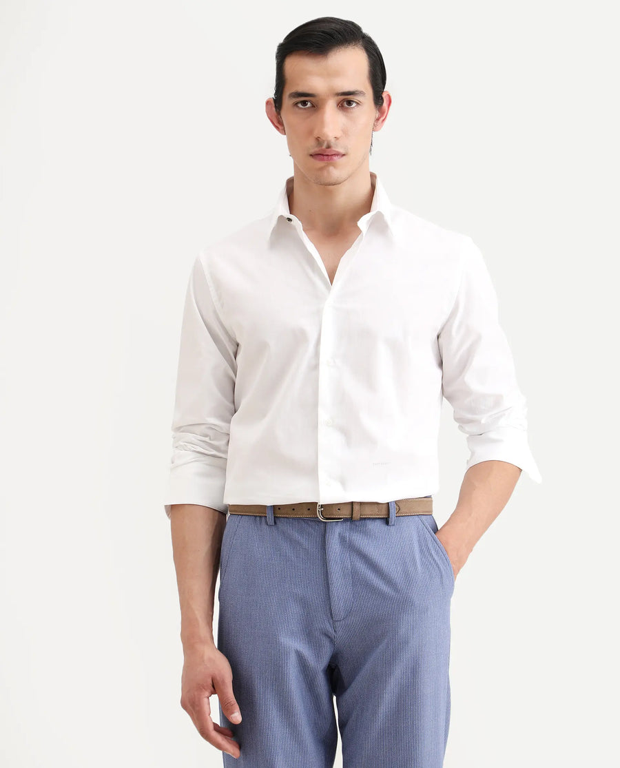 Rare Rabbit Men's Bains White Cotton Fabric Full Sleeve Spread Collar Regular Fit Plain Shirt