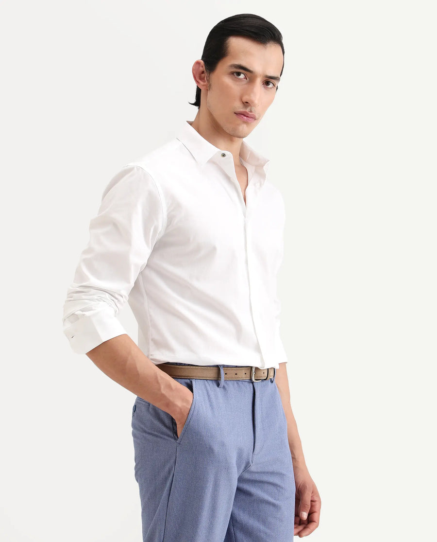 Rare Rabbit Men's Bains White Cotton Fabric Full Sleeve Spread Collar Regular Fit Plain Shirt