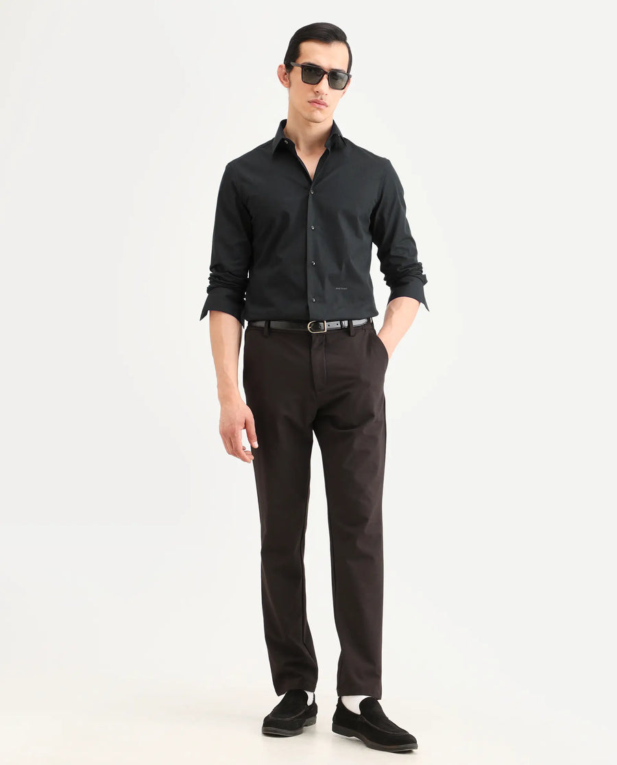 Rare Rabbit Men's Bains Black Cotton Fabric Full Sleeve Spread Collar Regular Fit Plain Shirt