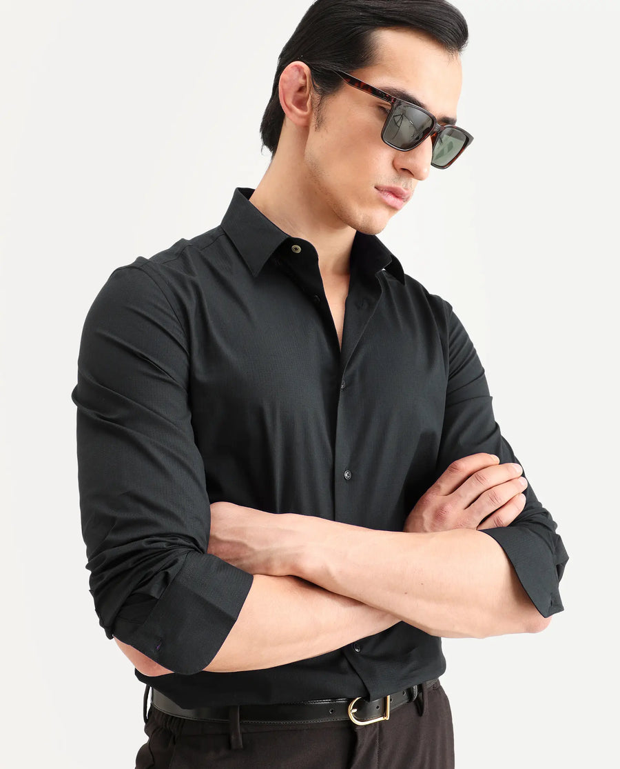 Rare Rabbit Men's Bains Black Cotton Fabric Full Sleeve Spread Collar Regular Fit Plain Shirt