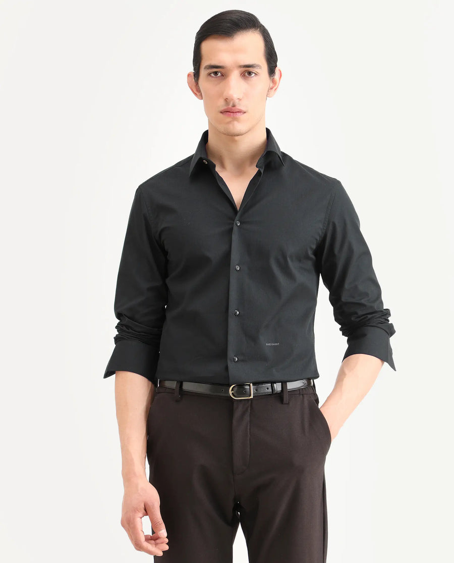 Rare Rabbit Men's Bains Black Cotton Fabric Full Sleeve Spread Collar Regular Fit Plain Shirt