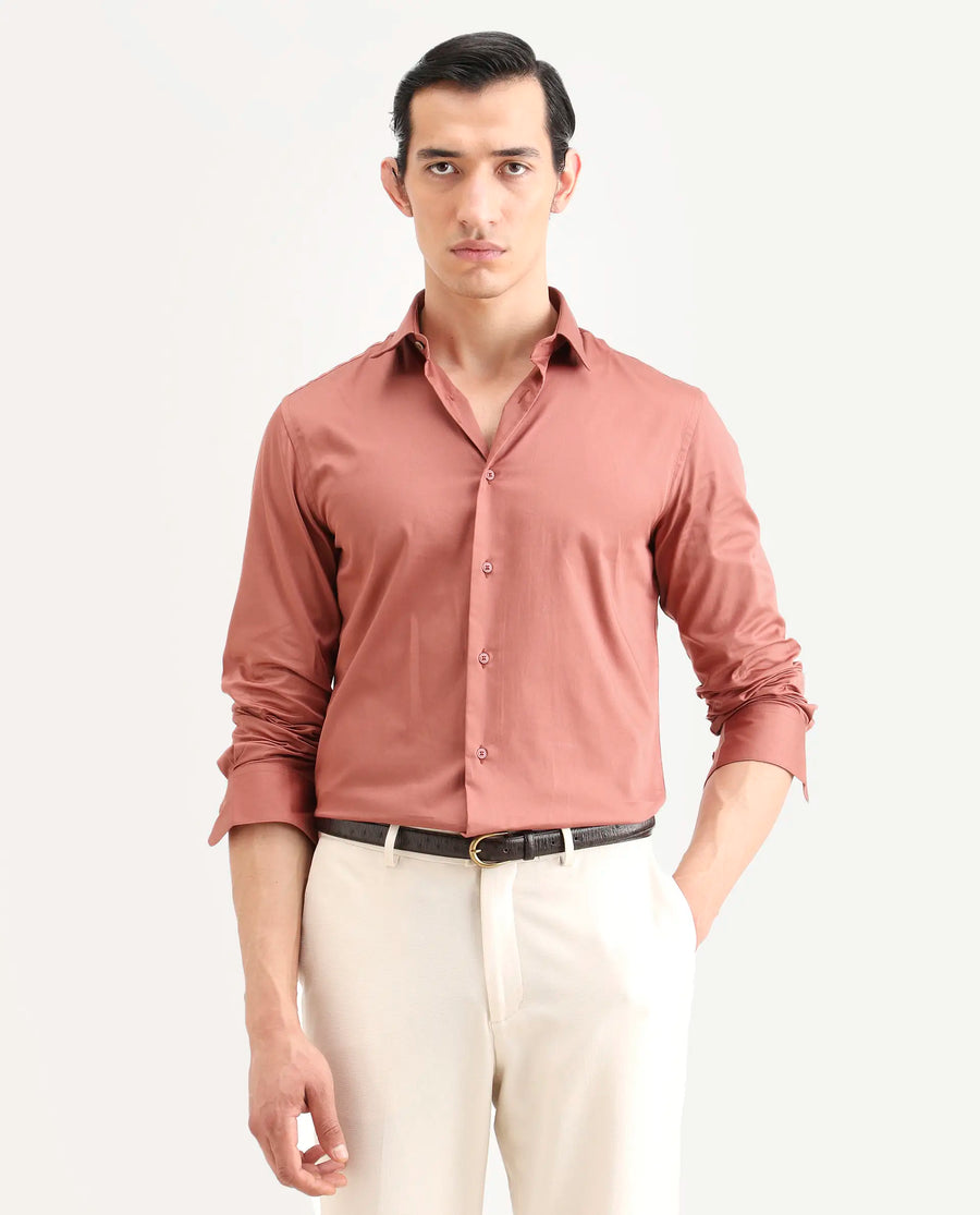 Rare Rabbit Men's Amask Dusky Rust Cotton Fabric Full Sleeve Spread Collar Regular Fit Plain Shirt