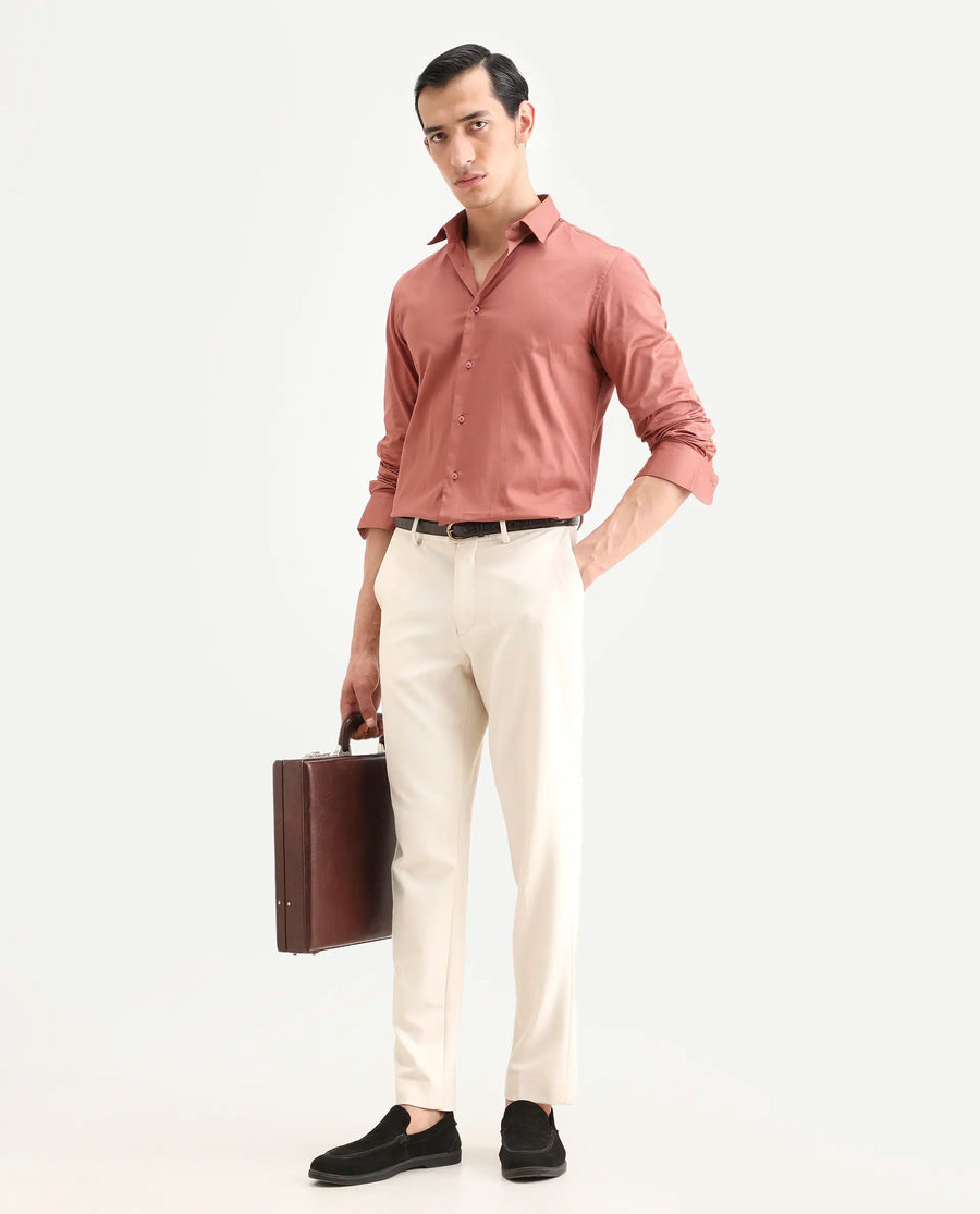Rare Rabbit Men's Amask Dusky Rust Cotton Fabric Full Sleeve Spread Collar Regular Fit Plain Shirt