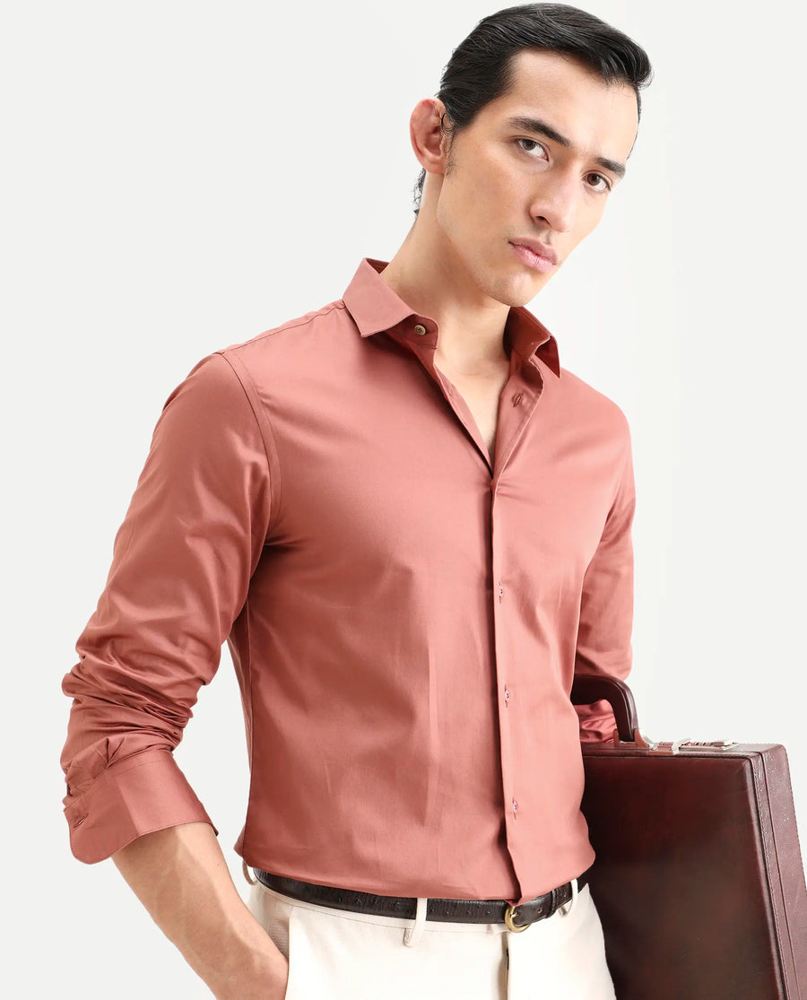 Rare Rabbit Men's Amask Dusky Rust Cotton Fabric Full Sleeve Spread Collar Regular Fit Plain Shirt