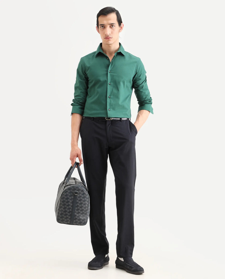 Rare Rabbit Men's Rath Dark Green Cotton Fabric Full Sleeve Spread Collar Regular Fit Plain Shirt