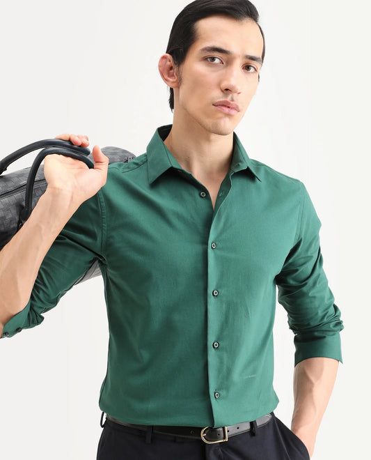 Rare Rabbit Men's Rath Dark Green Cotton Fabric Full Sleeve Spread Collar Regular Fit Plain Shirt