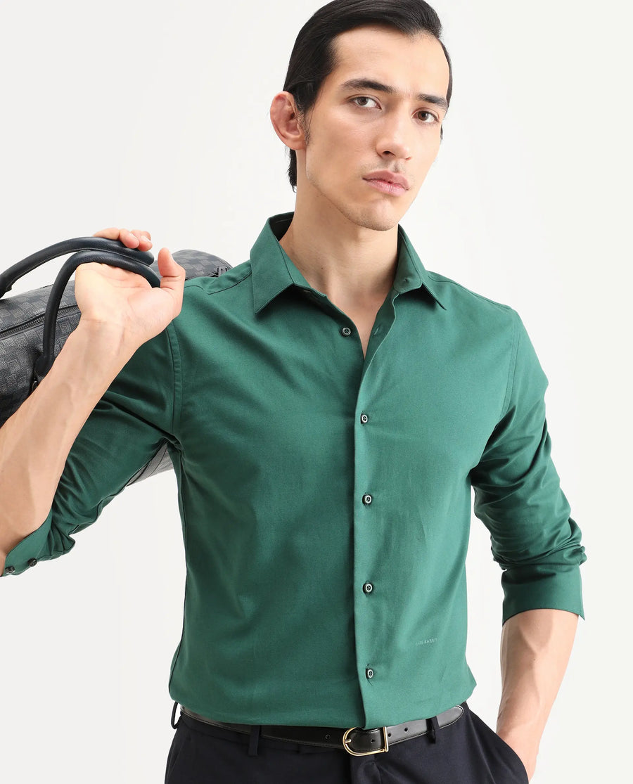 Rare Rabbit Men's Rath Dark Green Cotton Fabric Full Sleeve Spread Collar Regular Fit Plain Shirt