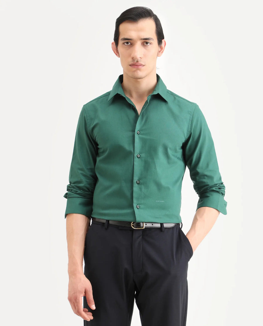 Rare Rabbit Men's Rath Dark Green Cotton Fabric Full Sleeve Spread Collar Regular Fit Plain Shirt