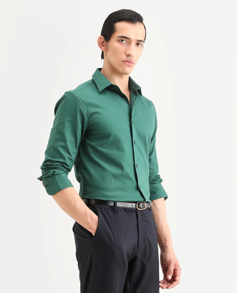 Rare Rabbit Men's Rath Dark Green Cotton Fabric Full Sleeve Spread Collar Regular Fit Plain Shirt