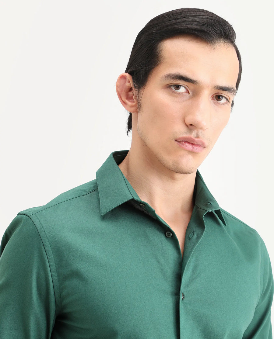 Rare Rabbit Men's Rath Dark Green Cotton Fabric Full Sleeve Spread Collar Regular Fit Plain Shirt
