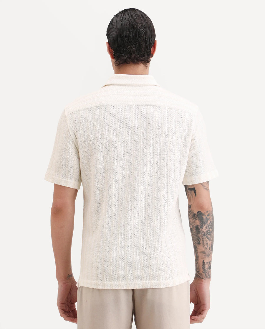 Rare Rabbit Men's Angou Off White Cotton Fabric Half Sleeve Spread Collar Regular Fit Textured Shirt