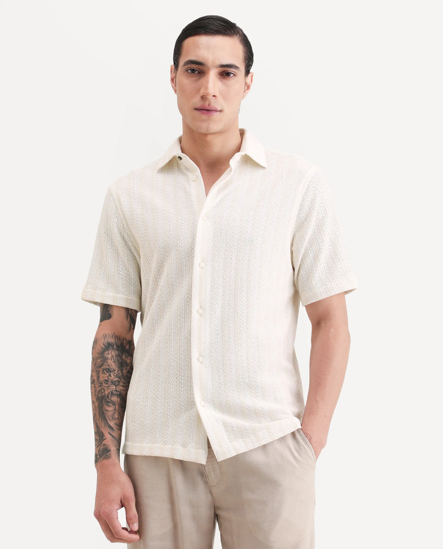 Rare Rabbit Men's Angou Off White Cotton Fabric Half Sleeve Spread Collar Regular Fit Textured Shirt
