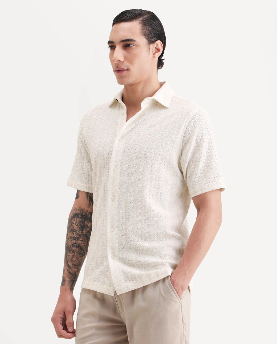 Rare Rabbit Men's Angou Off White Cotton Fabric Half Sleeve Spread Collar Regular Fit Textured Shirt