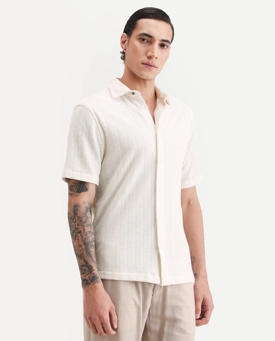 Rare Rabbit Men's Angou Off White Cotton Fabric Half Sleeve Spread Collar Regular Fit Textured Shirt