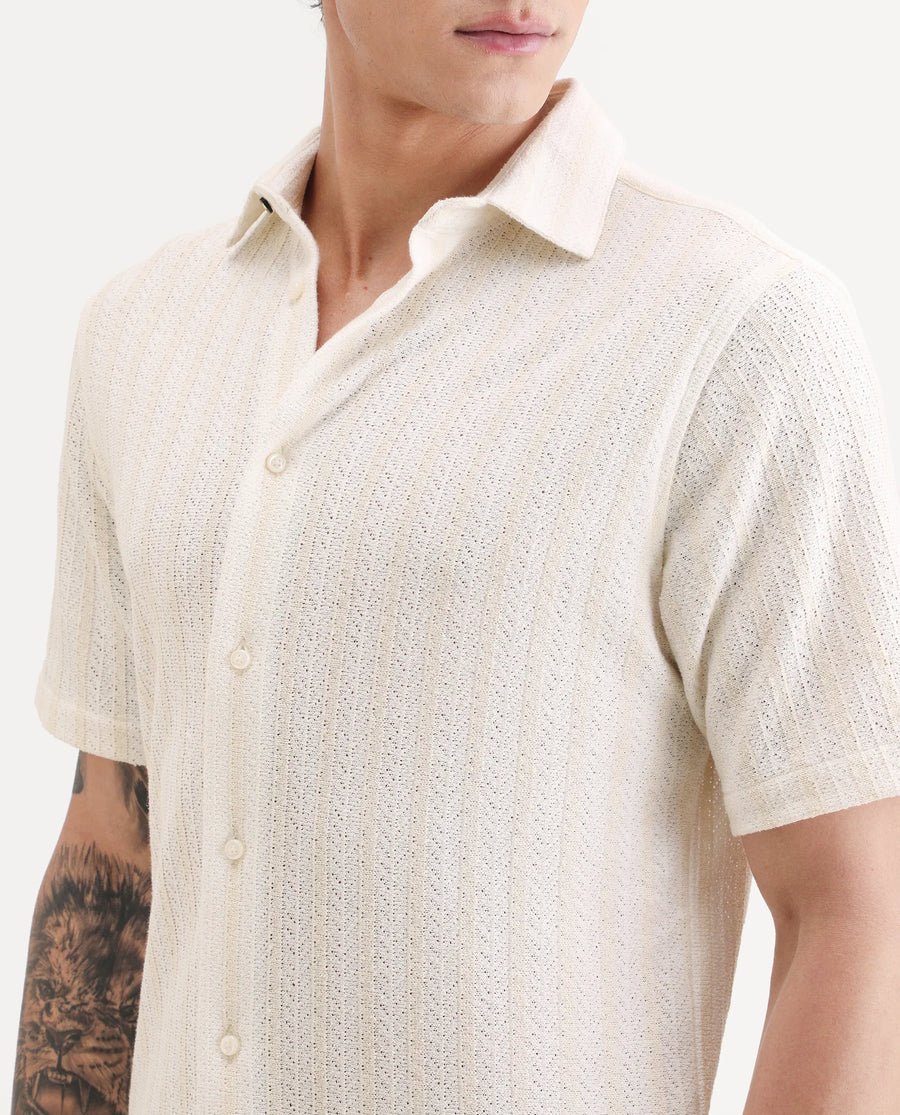 Rare Rabbit Men's Angou Off White Cotton Fabric Half Sleeve Spread Collar Regular Fit Textured Shirt