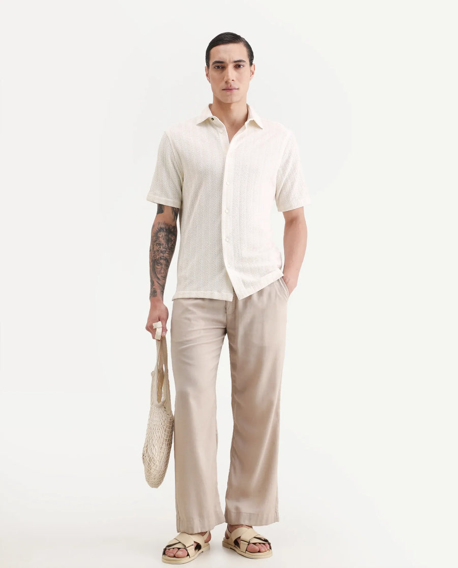 Rare Rabbit Men's Angou Off White Cotton Fabric Half Sleeve Spread Collar Regular Fit Textured Shirt