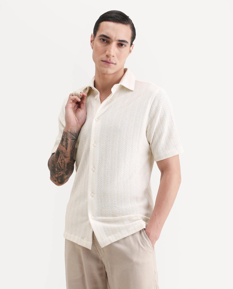 Rare Rabbit Men's Angou Off White Cotton Fabric Half Sleeve Spread Collar Regular Fit Textured Shirt
