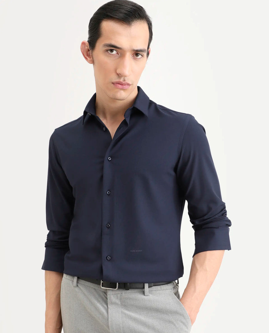 Rare Rabbit Men's Benee Dark Navy Polyester Blend Fabric Full Sleeve Spread Collar Regular Fit Plain Shirt