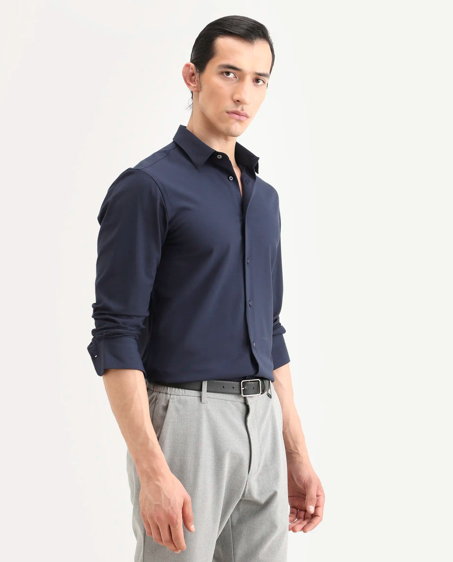 Rare Rabbit Men's Benee Dark Navy Polyester Blend Fabric Full Sleeve Spread Collar Regular Fit Plain Shirt