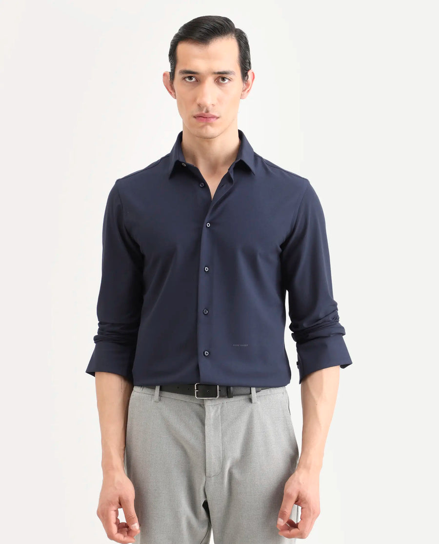Rare Rabbit Men's Benee Dark Navy Polyester Blend Fabric Full Sleeve Spread Collar Regular Fit Plain Shirt