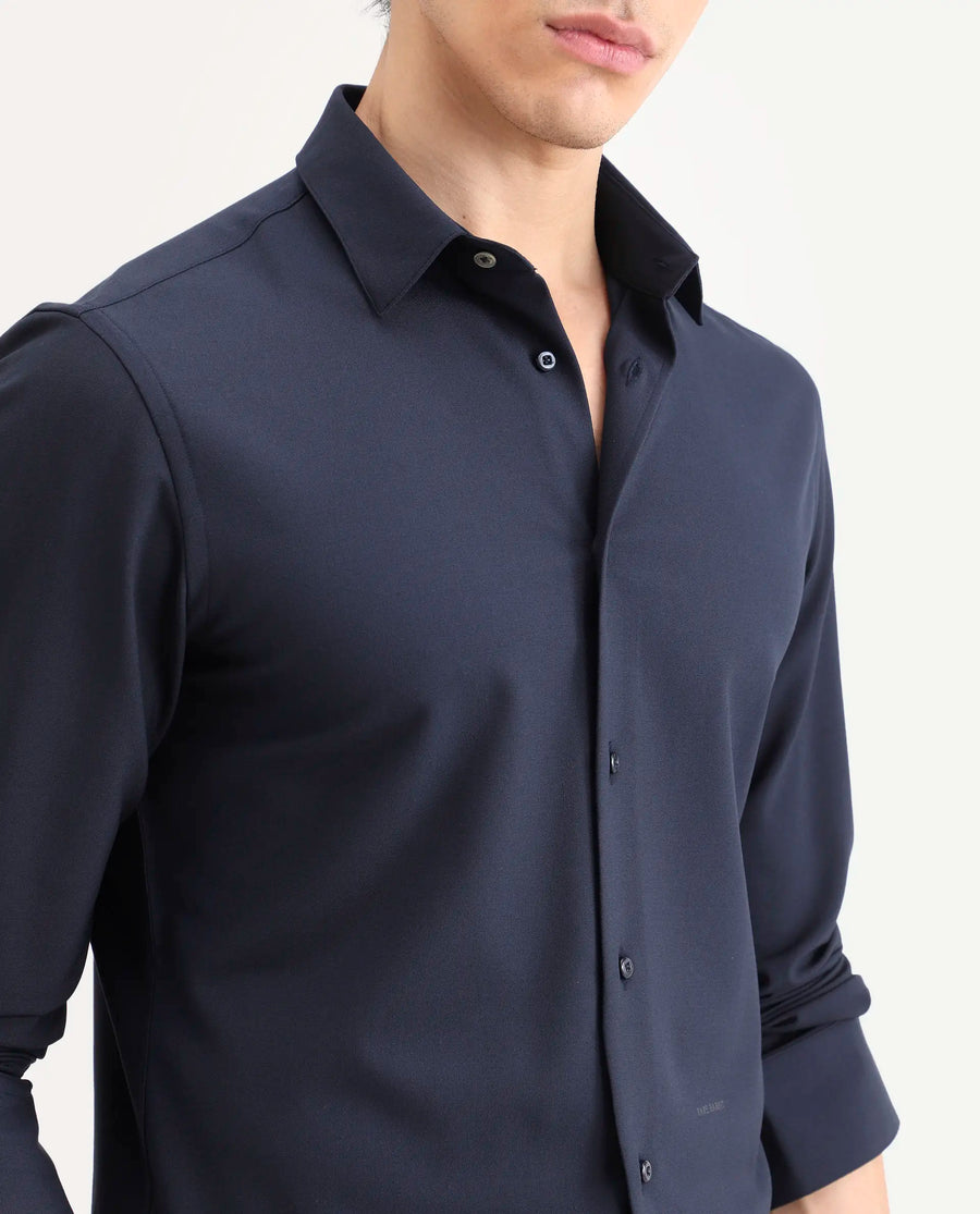 Rare Rabbit Men's Benee Dark Navy Polyester Blend Fabric Full Sleeve Spread Collar Regular Fit Plain Shirt