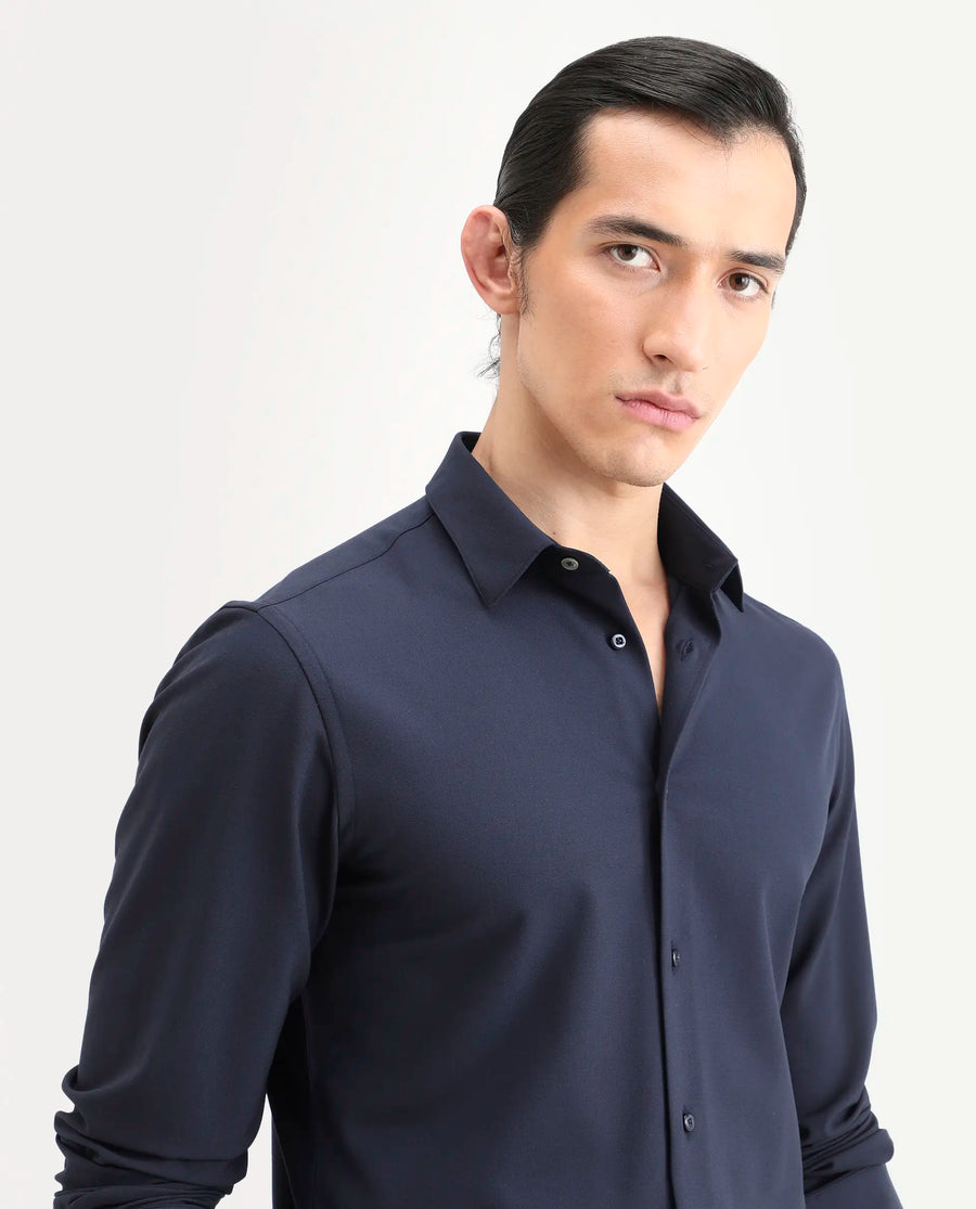 Rare Rabbit Men's Benee Dark Navy Polyester Blend Fabric Full Sleeve Spread Collar Regular Fit Plain Shirt