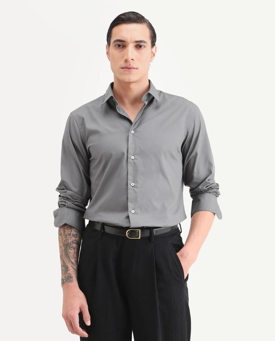 Rare Rabbit Men's Copz Dark Grey Cotton Fabric Full Sleeve Spread Collar Regular Fit Plain Shirt