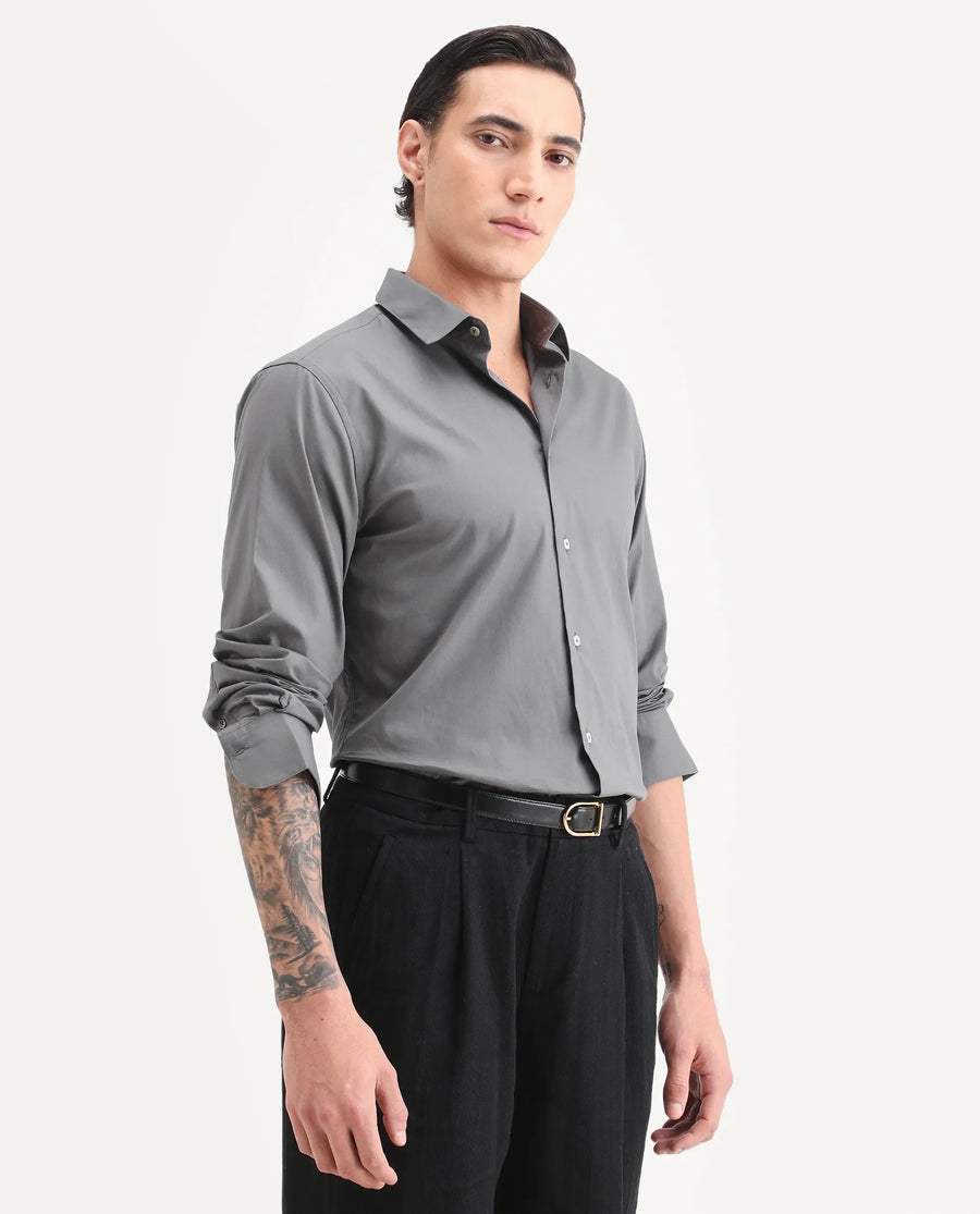 Rare Rabbit Men's Copz Dark Grey Cotton Fabric Full Sleeve Spread Collar Regular Fit Plain Shirt